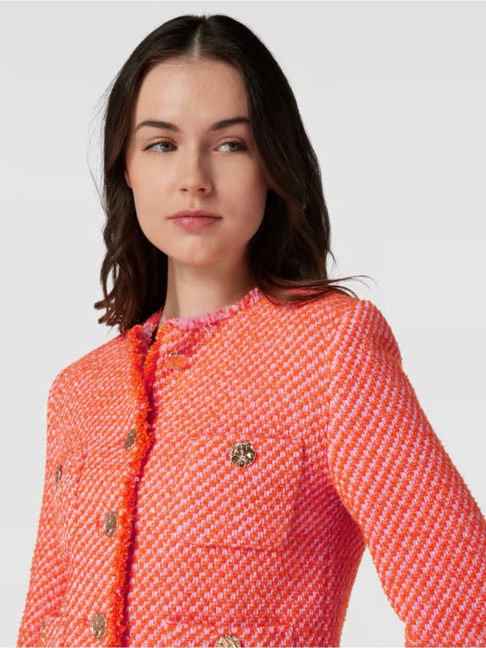 Mango Tweed Women's Jacket in Coral Pink - Classic golden Button Front